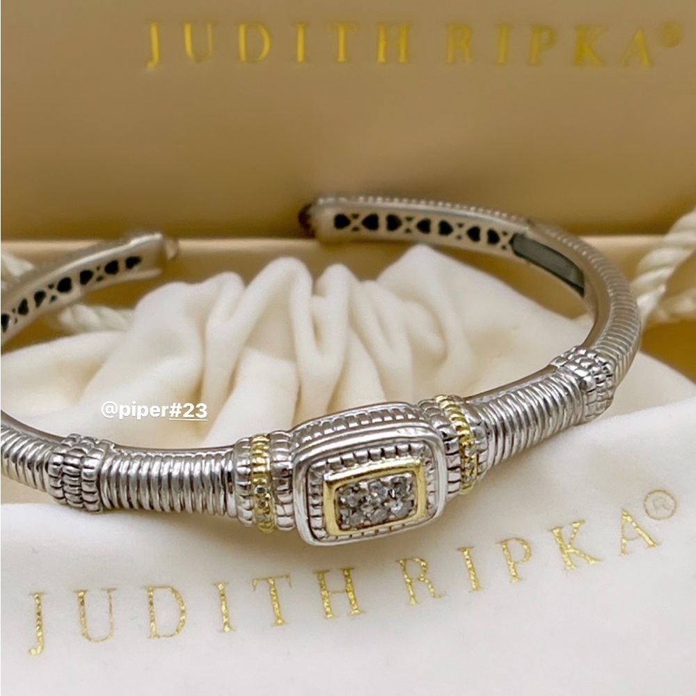 EUC Judith Ripka JR TWO Sterling Silver & 18K Gold Diamond Linen Cuff Bracelet